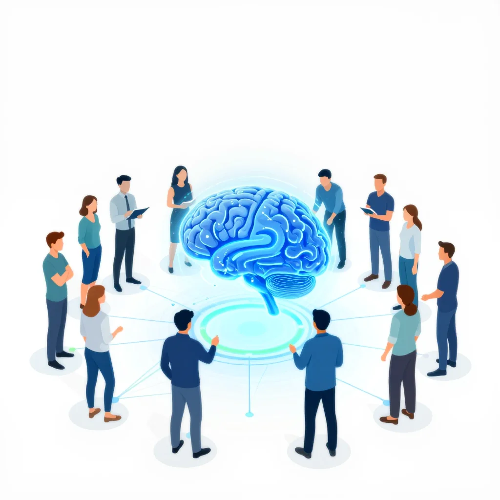 Menschen versammelt um eine KI-Visualisierung — das KI-Syndikat verbindet Community, Wissen und Umsetzung