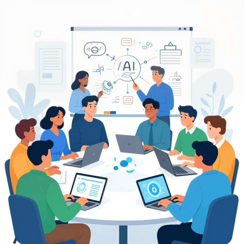 Team beim kollaborativen KI-Workshop — Wissensaustausch am Whiteboard